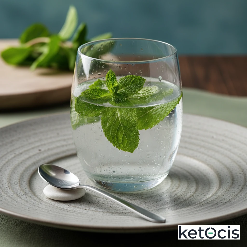 Agua mineral infusionada con hojas de menta fresca