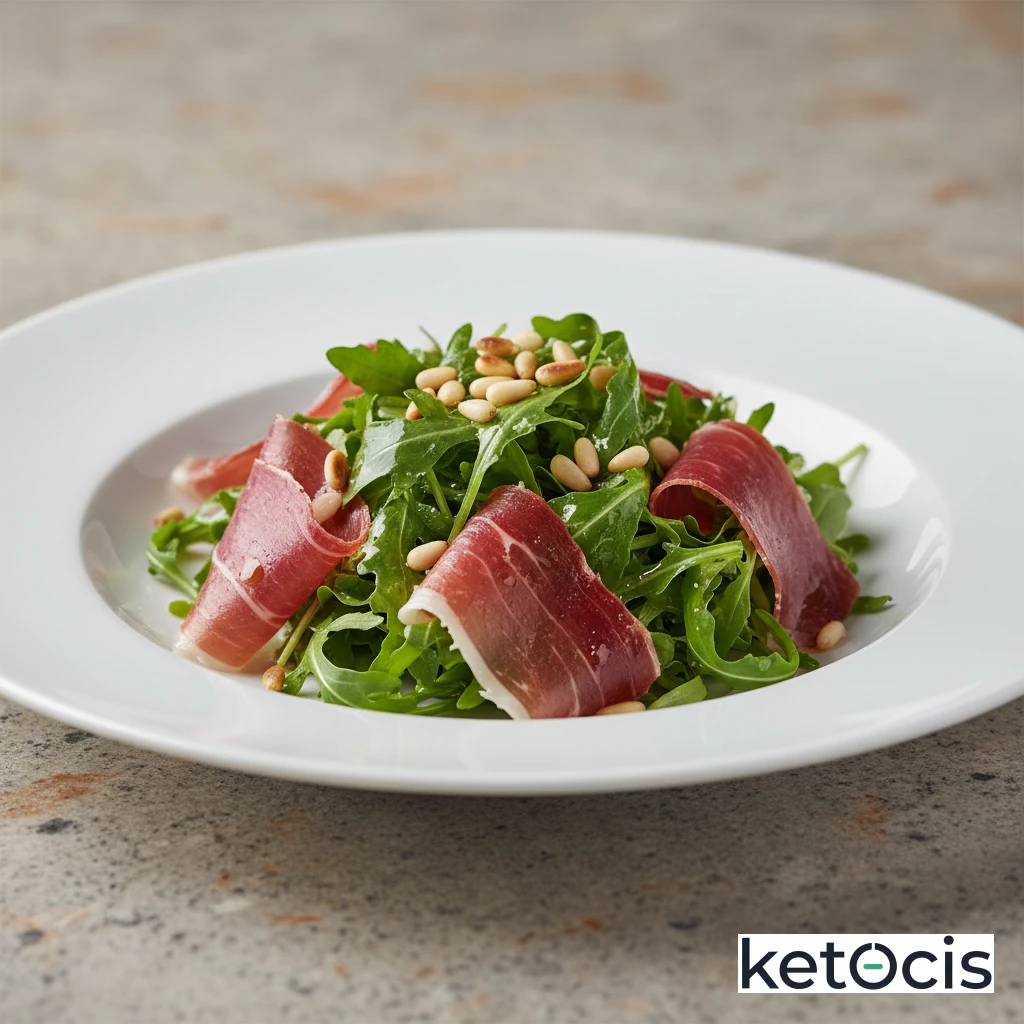 Ensalada de rúcula con piñones y jamón ibérico de bellota