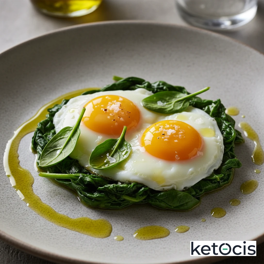 Huevos al plato con espinacas frescas y aceite de oliva