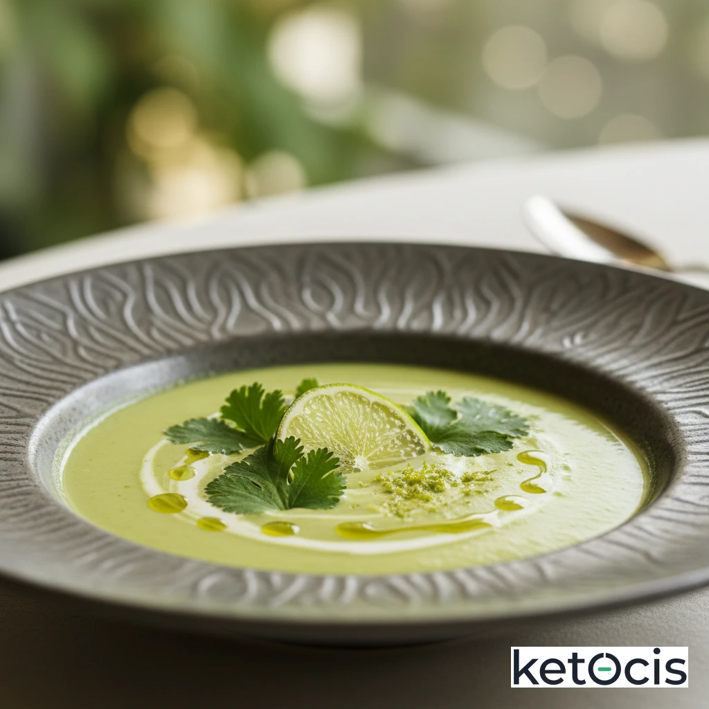 Crema de aguacate fría con lima y hojas de cilantro