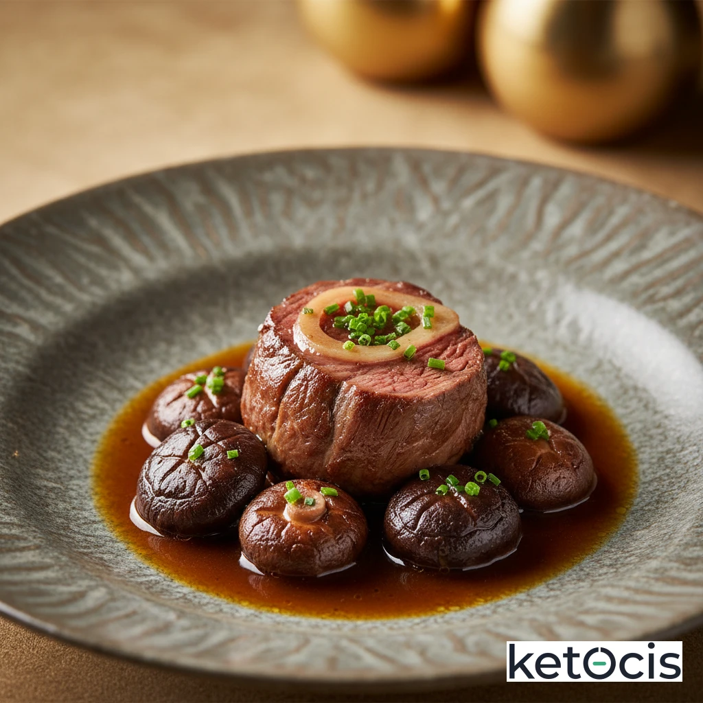 Ternera estofada con setas shiitake y caldo de carne