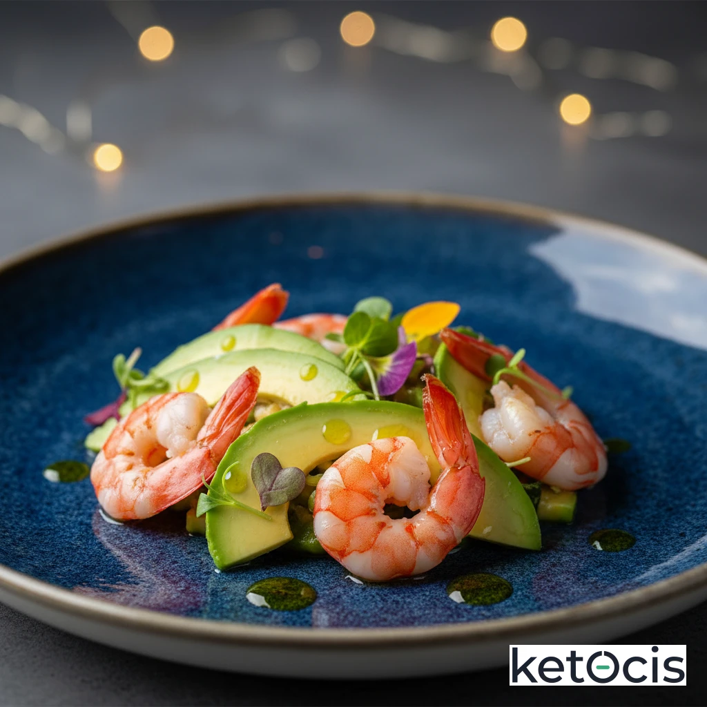 Ensalada de aguacate y gambas cocidas con aceite virgen