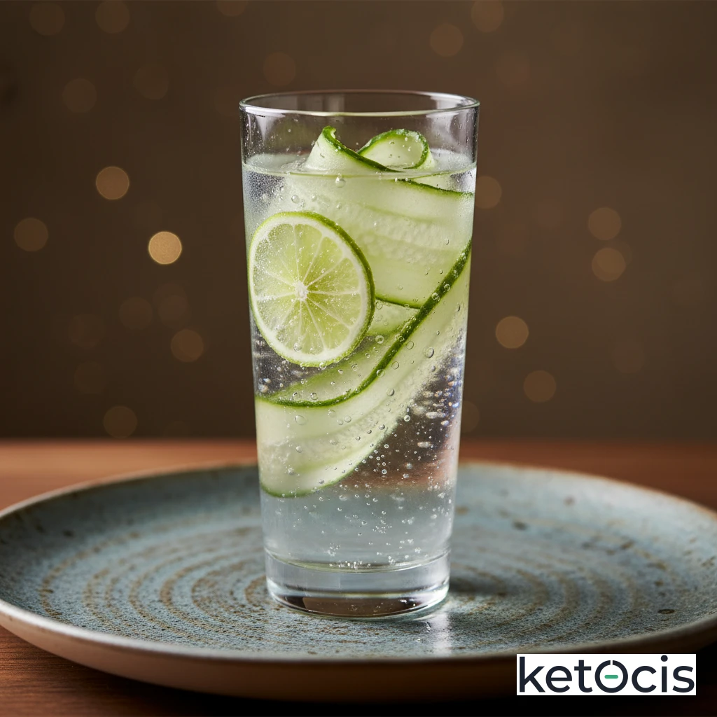 Agua mineral con rodajas de lima y pepino fresca