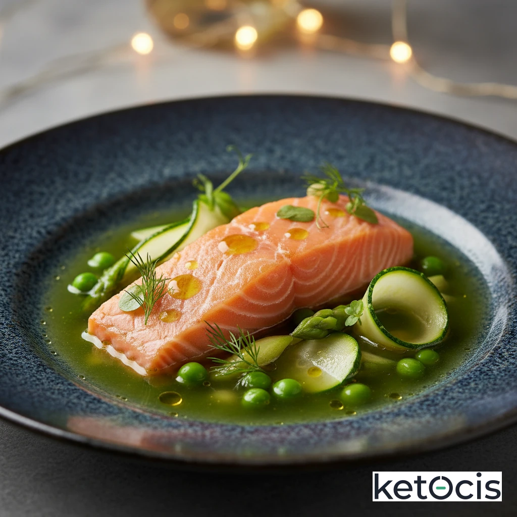 Salmón pochado en caldo de verduras