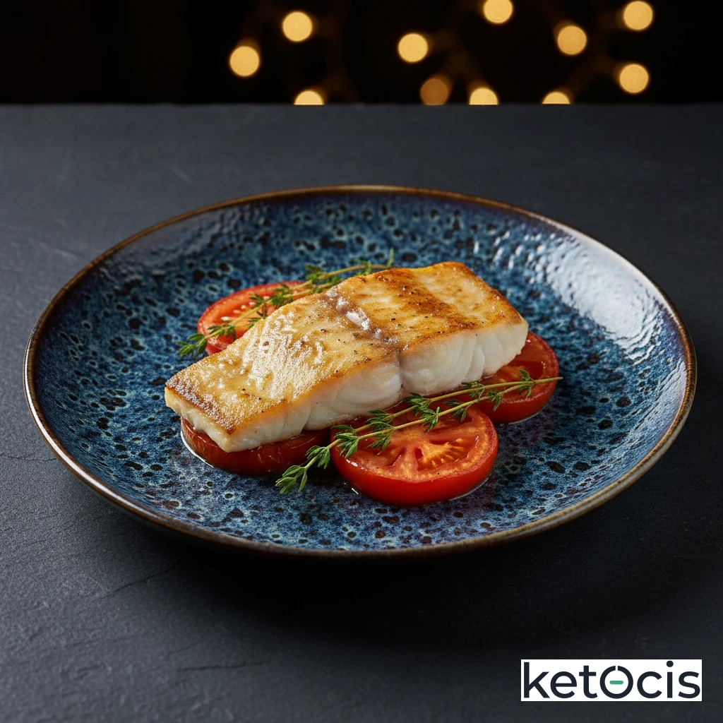 Rodaballo al horno con rodajas de tomate natural y tomillo
