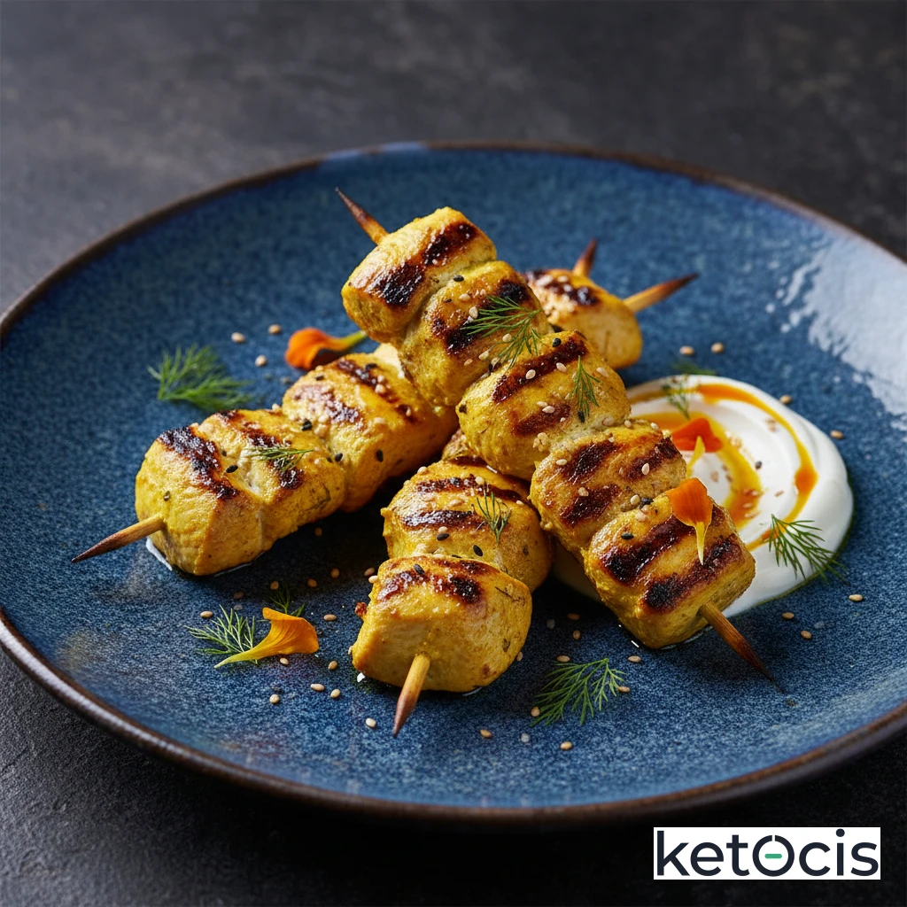Pinchos de pollo marinados en cúrcuma y yogur griego
