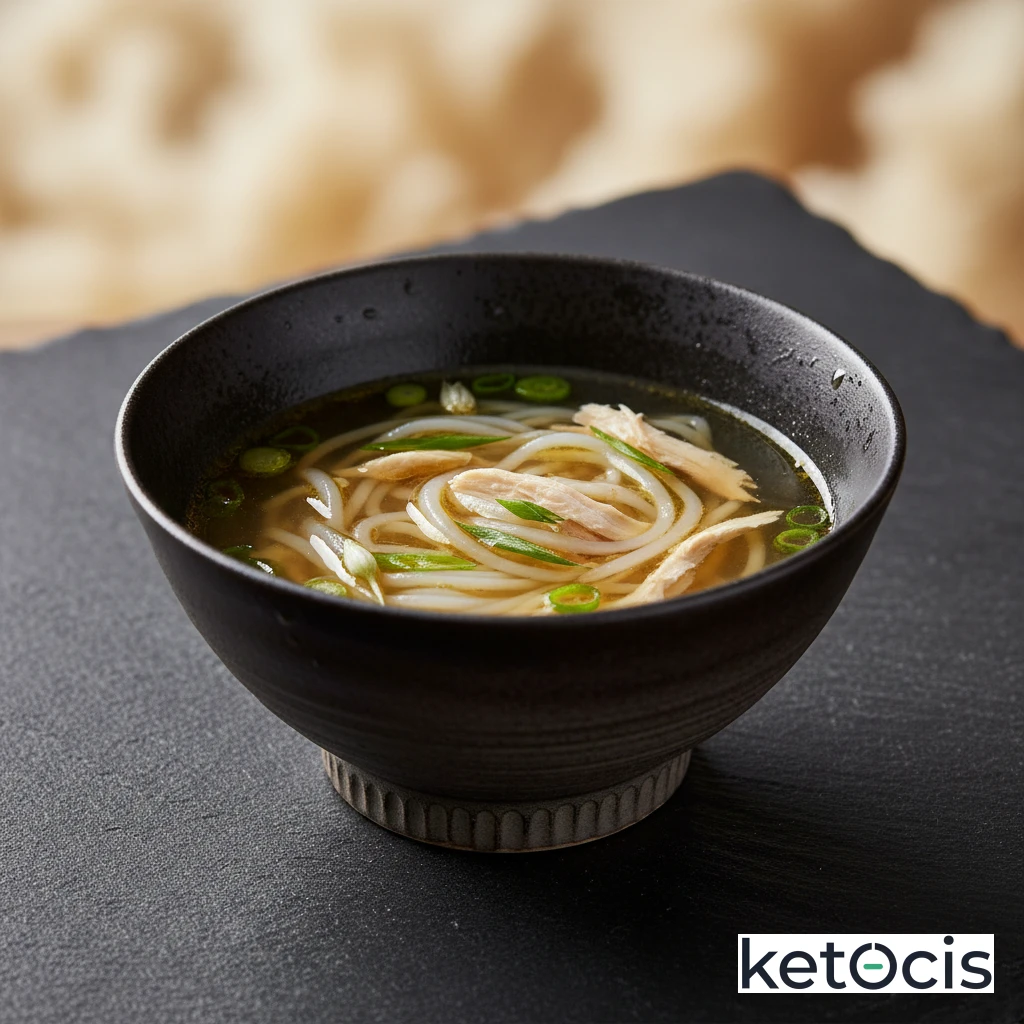 Sopa de ave desgrasada con fideos de konjac y cebolleta