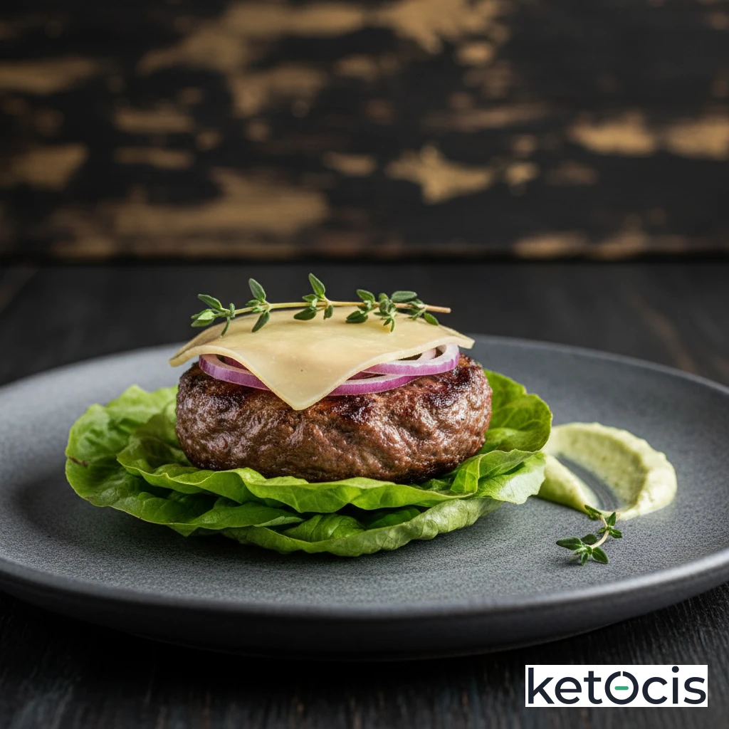 Hamburguesa de ternera magra sobre hojas de lechuga crujiente