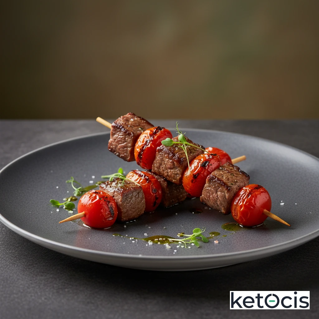 Brochetas de ternera y tomates cherry a la parrilla