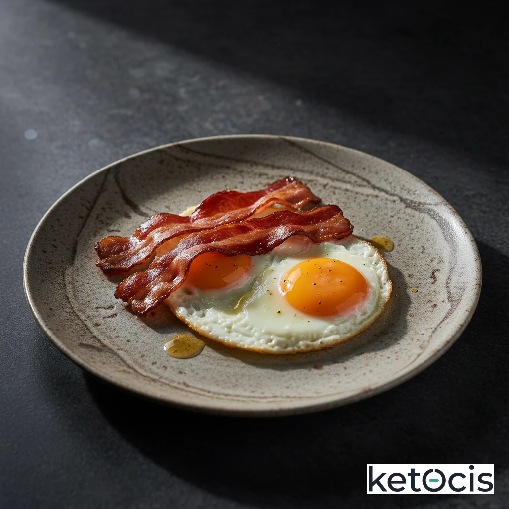 Huevos fritos en ghee con tiras de tocino ibérico sin azúcar