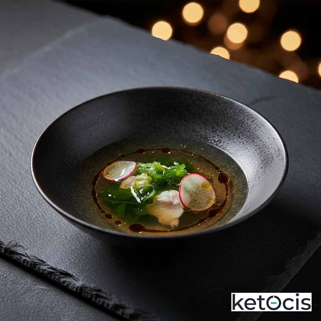 Caldo claro de pescado con algas wakame y tamari