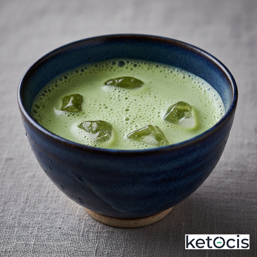 Té verde matcha batido con agua fría y hielo