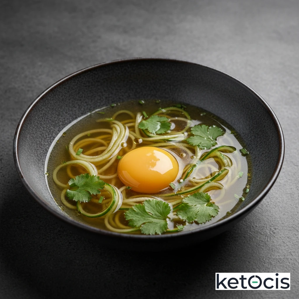 Caldo de ave con fideos de pepino crudo y cilantro