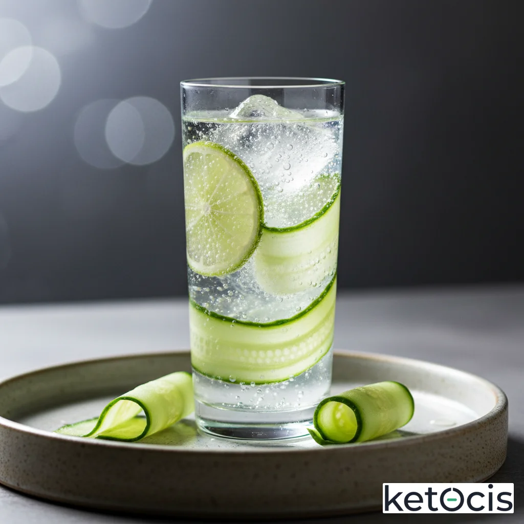 Agua mineral con gas natural rodajas de lima y pepino fresco