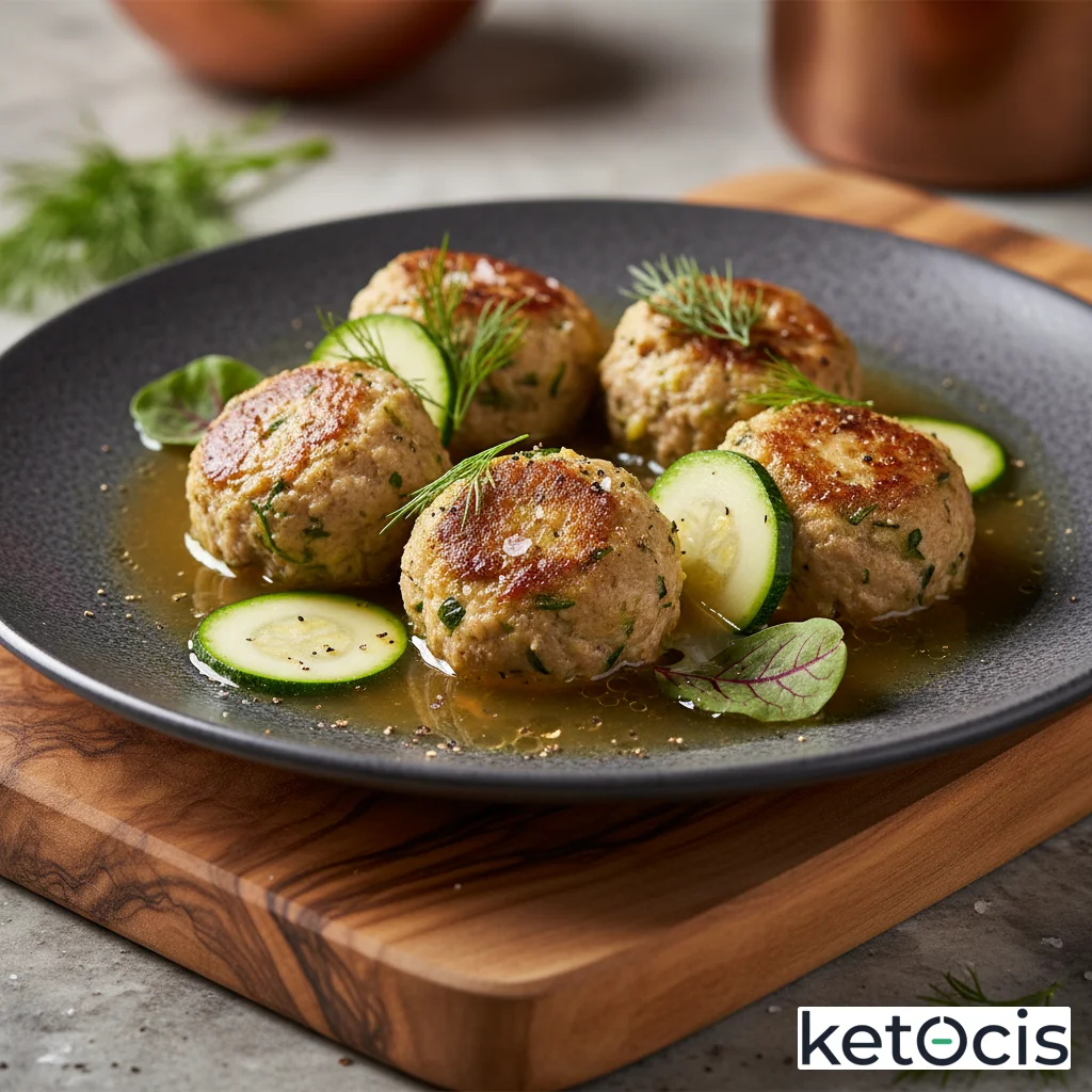 Albóndigas de pollo y calabacín cocinadas en caldo de huesos