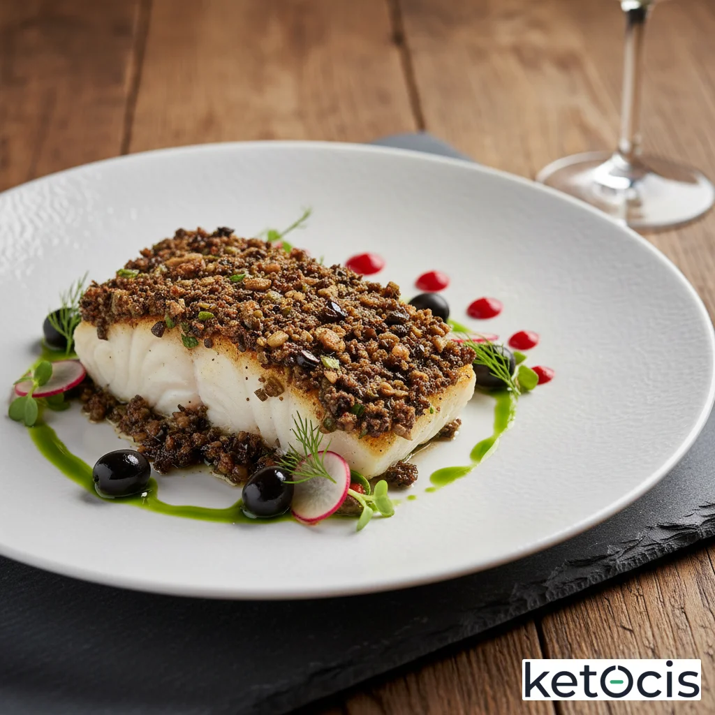 Bacalao al horno con costra de tapenade de aceitunas negras