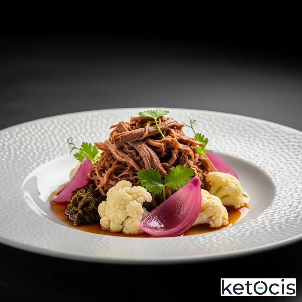 Baho falso keto de carne desmenuzada con coliflor y cebolla marinada
