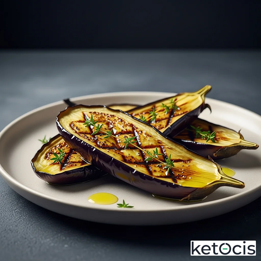 Berenjena asada en mitades con aceite de oliva y tomillo