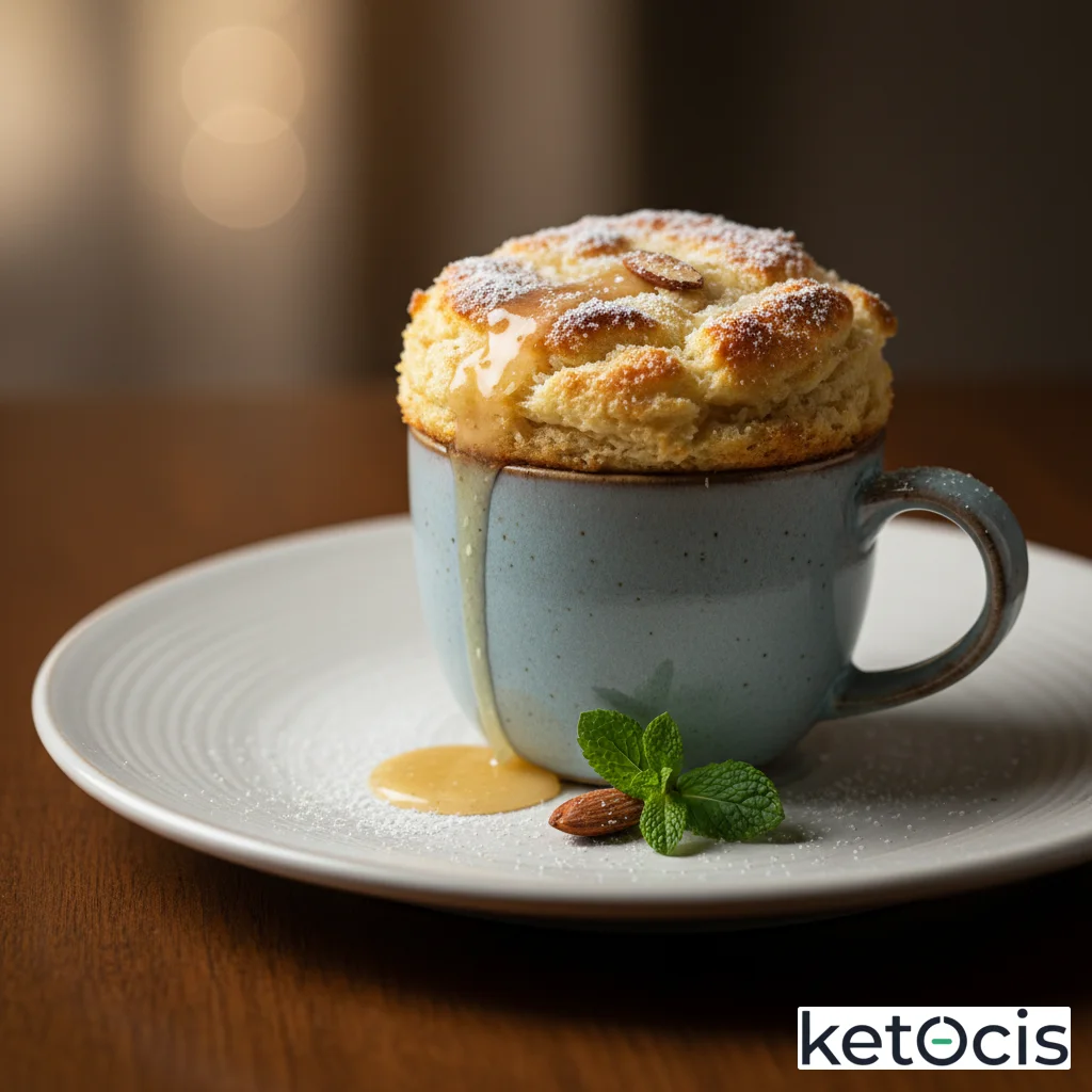 Bizcocho keto esponjoso en taza de harina de coco y extracto de almendra