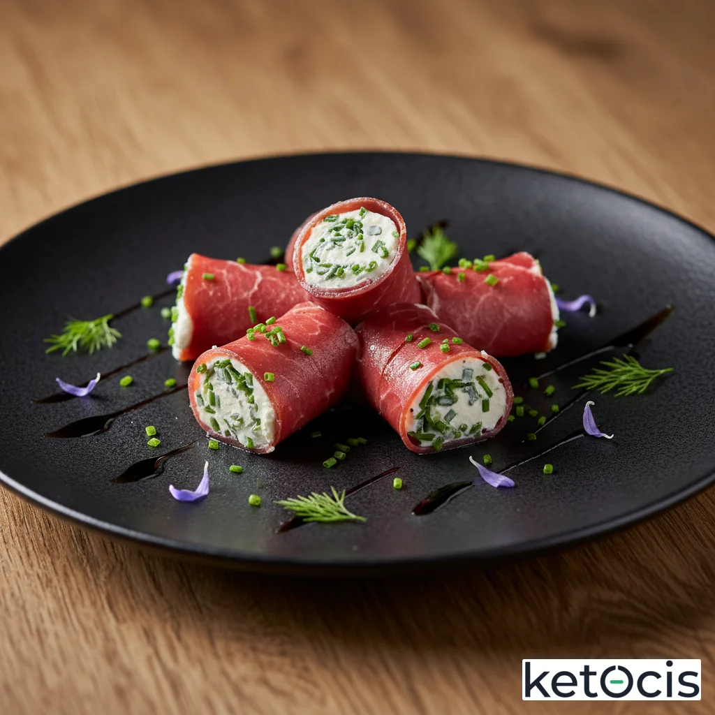 Bresaola curada en rollitos rellenos de queso crema y cebollino