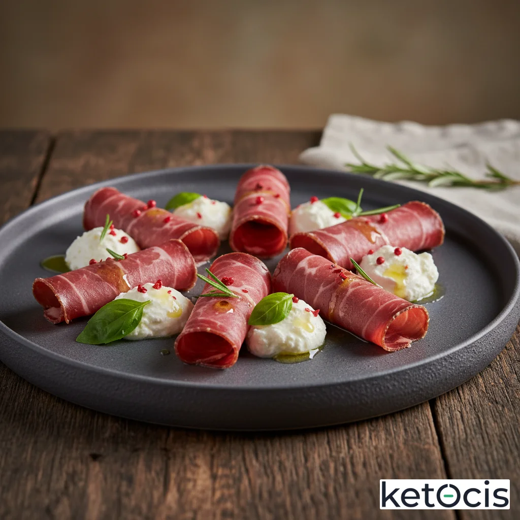 Bresaola curada servida en rollitos con queso mascarpone fresco