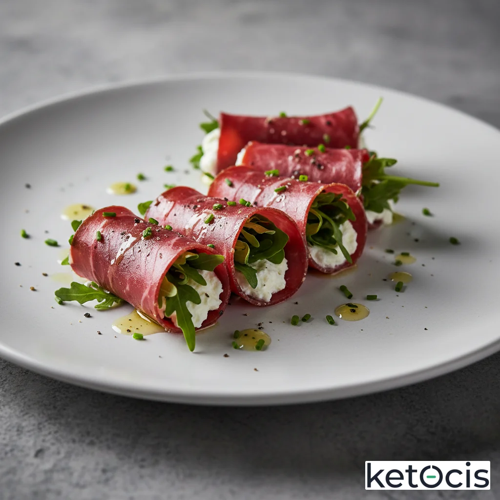 Bresaola italiana curada en rollitos con queso crema y hojas de rúcula
