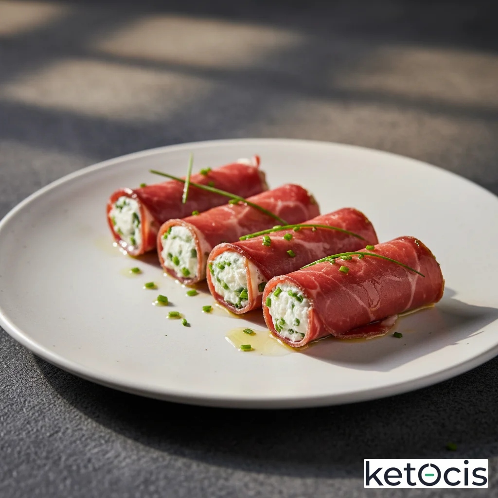 Bresaola italiana en rollitos con queso crema y cebollino