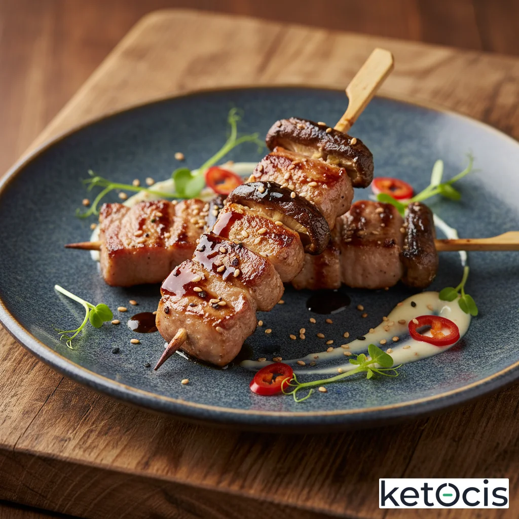 Brochetas de cerdo ibérico y champiñones marinadas en salsa de soja