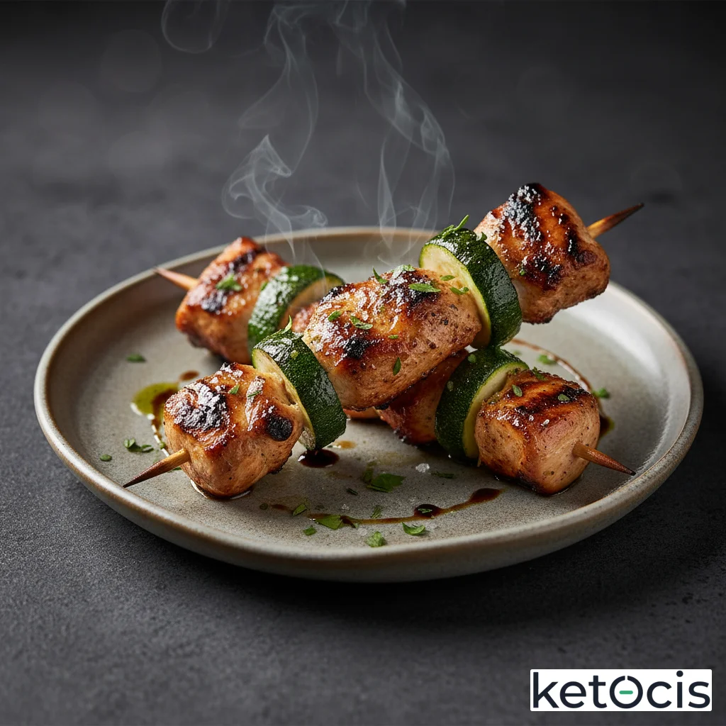 Brochetas de pollo y calabacín a la parrilla de carbón vegetal ahumado