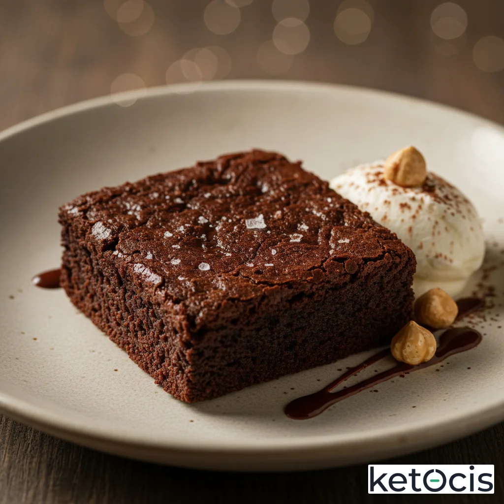 Brownie keto denso y espeso horneado de cacao puro oscuro y manteca