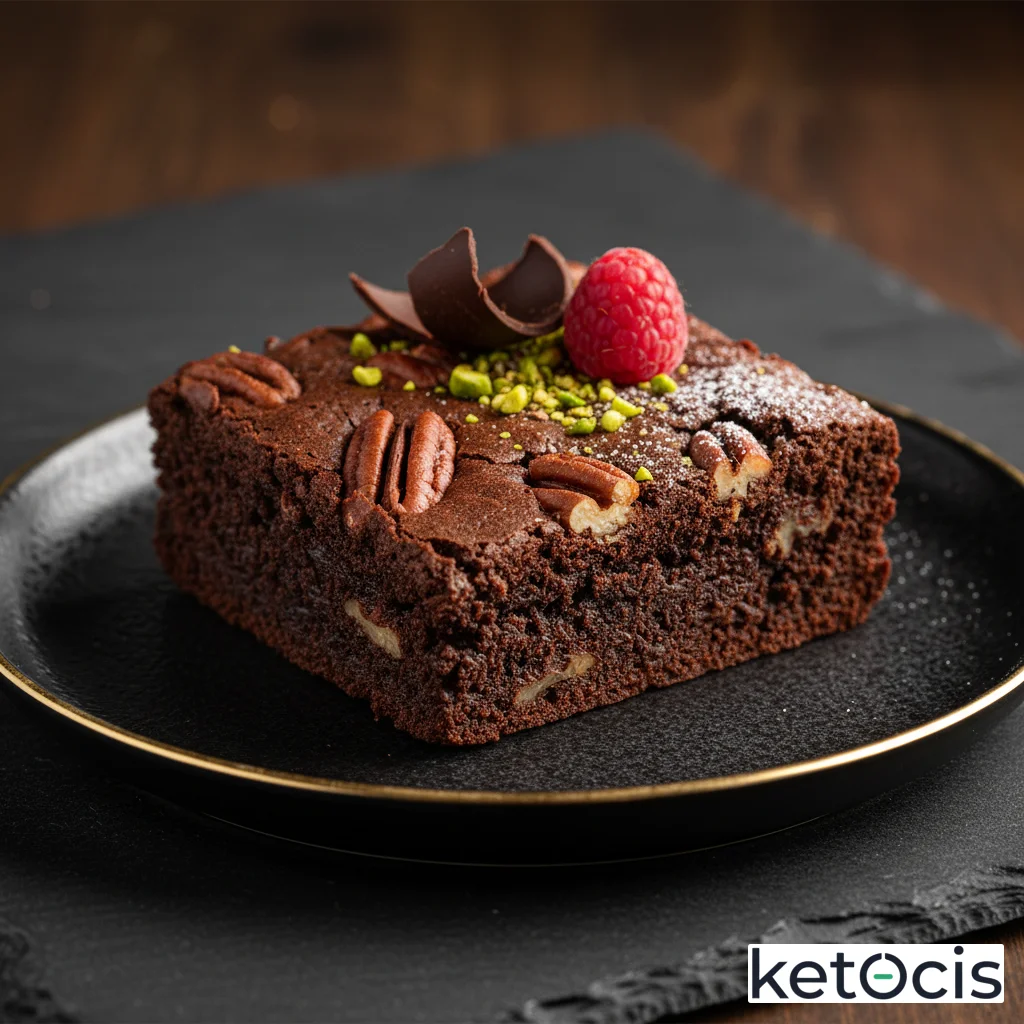 Brownie keto muy denso de cacao puro y nueces pecanas picadas