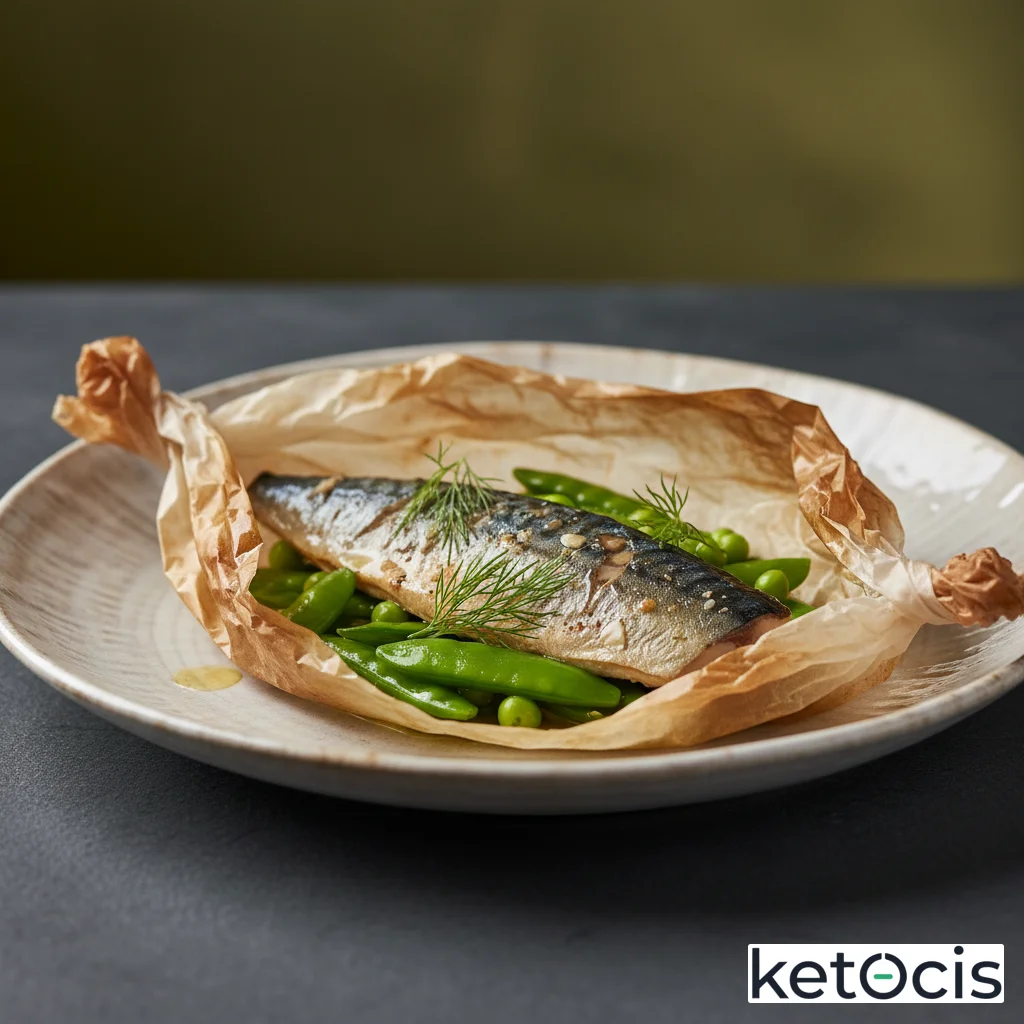 Caballa asada en papillote con tirabeques tiernos y eneldo