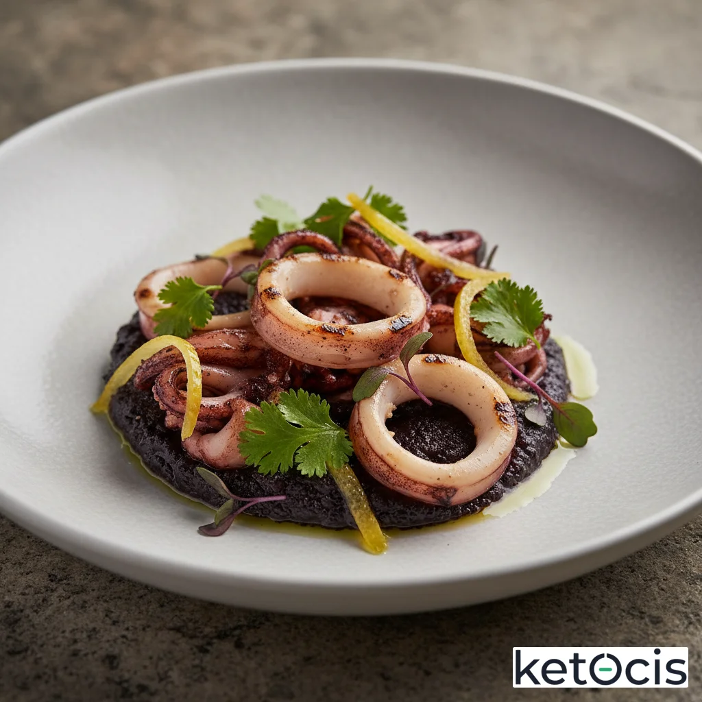 Calamares limpios a la parrilla con majado de ajo negro y cilantro
