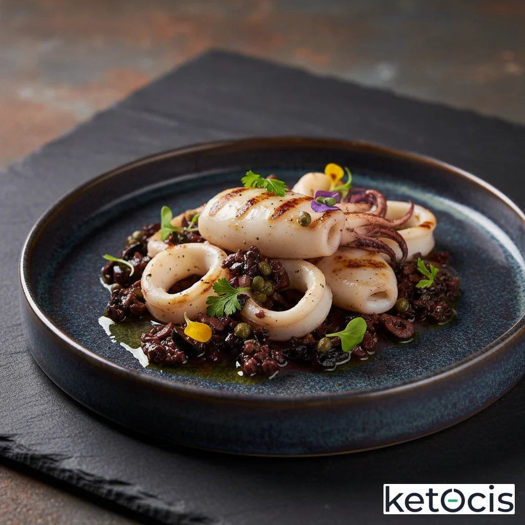 Calamares limpios a la plancha con vinagreta de aceitunas kalamata negras
