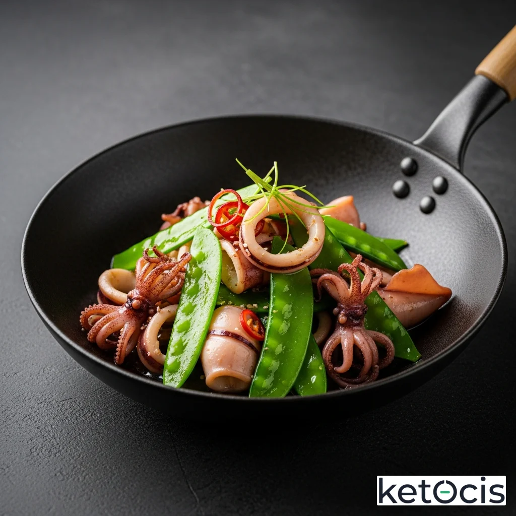 Calamares salteados con tirabeques tiernos al wok