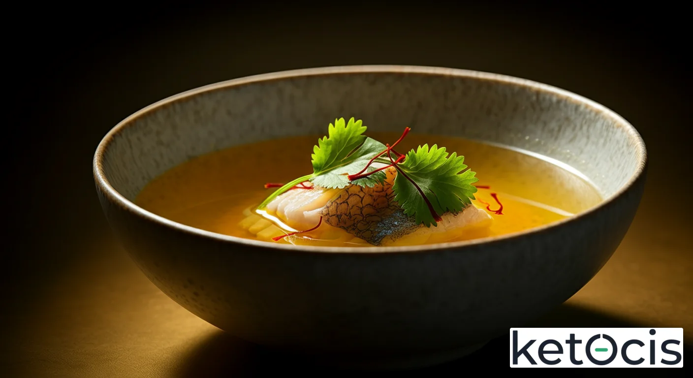 Caldo claro de pescado de roca con azafrán y cilantro fresco
