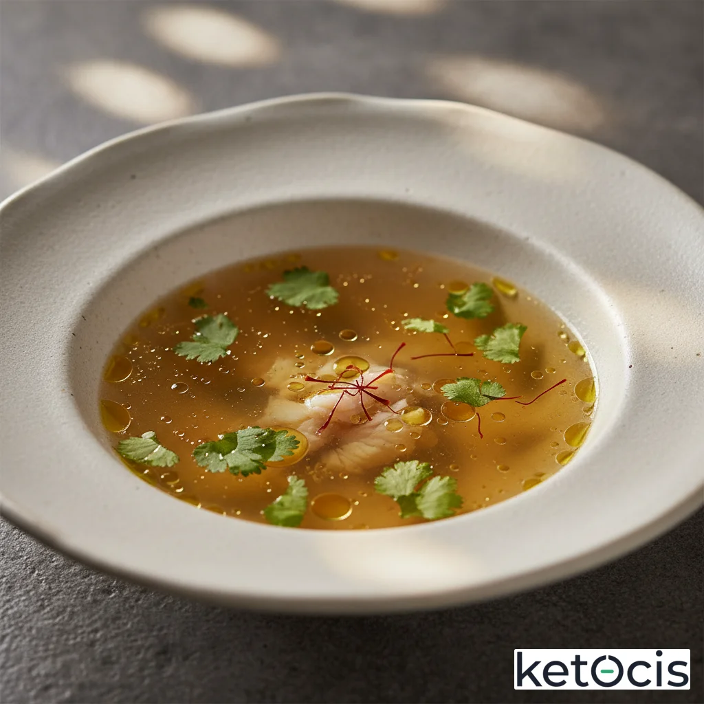 Caldo claro de pescado de roca mediterráneo colado con azafrán y cilantro