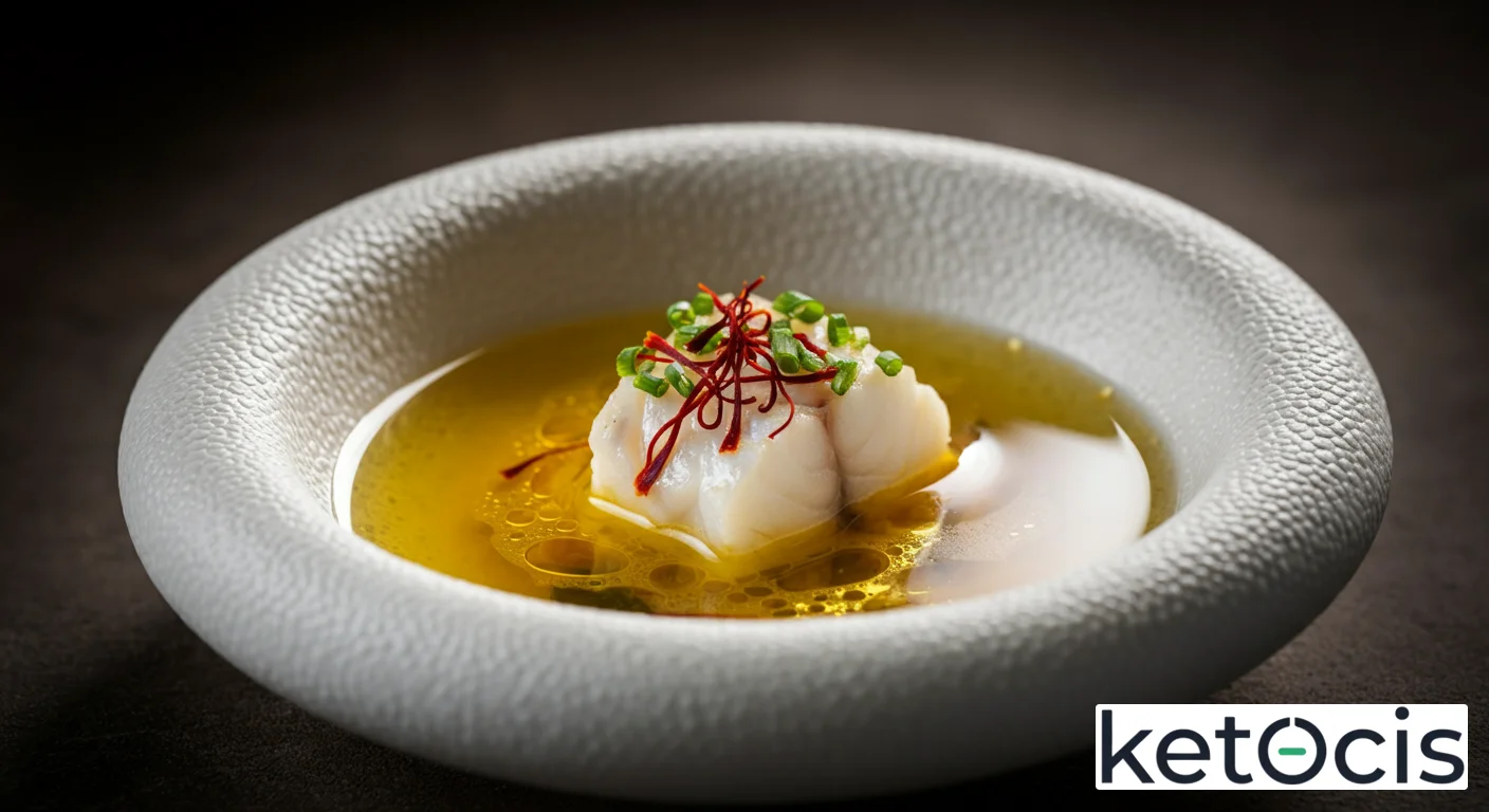 Caldo claro de pescado de roca mediterráneo con azafrán en hebras