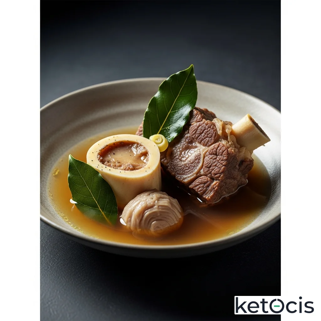 Caldo de carne de res con tuétano y hojas de laurel