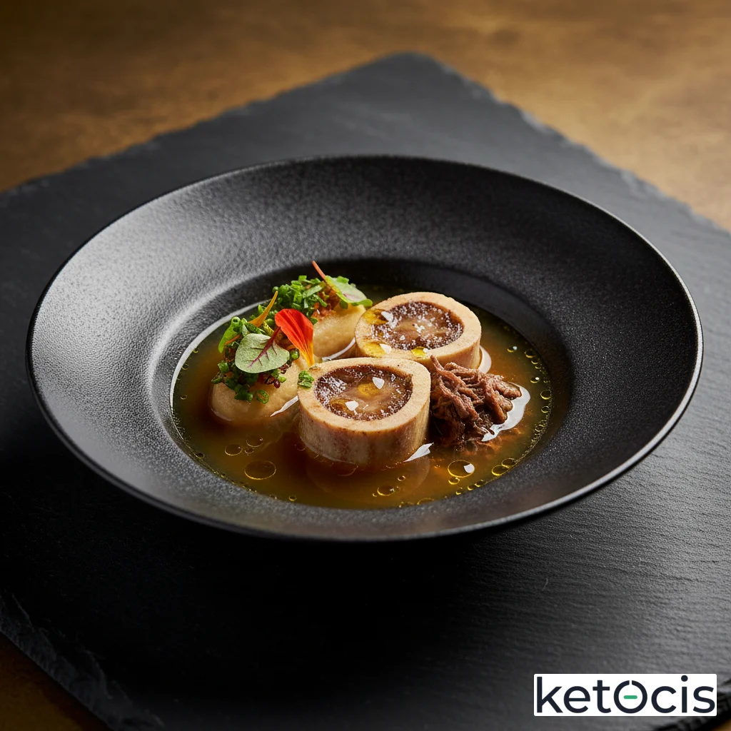 Caldo de huesos de médula cocido veinticuatro horas rico en minerales
