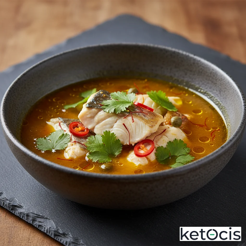Caldo de pescado de roca al azafrán con hojas de cilantro