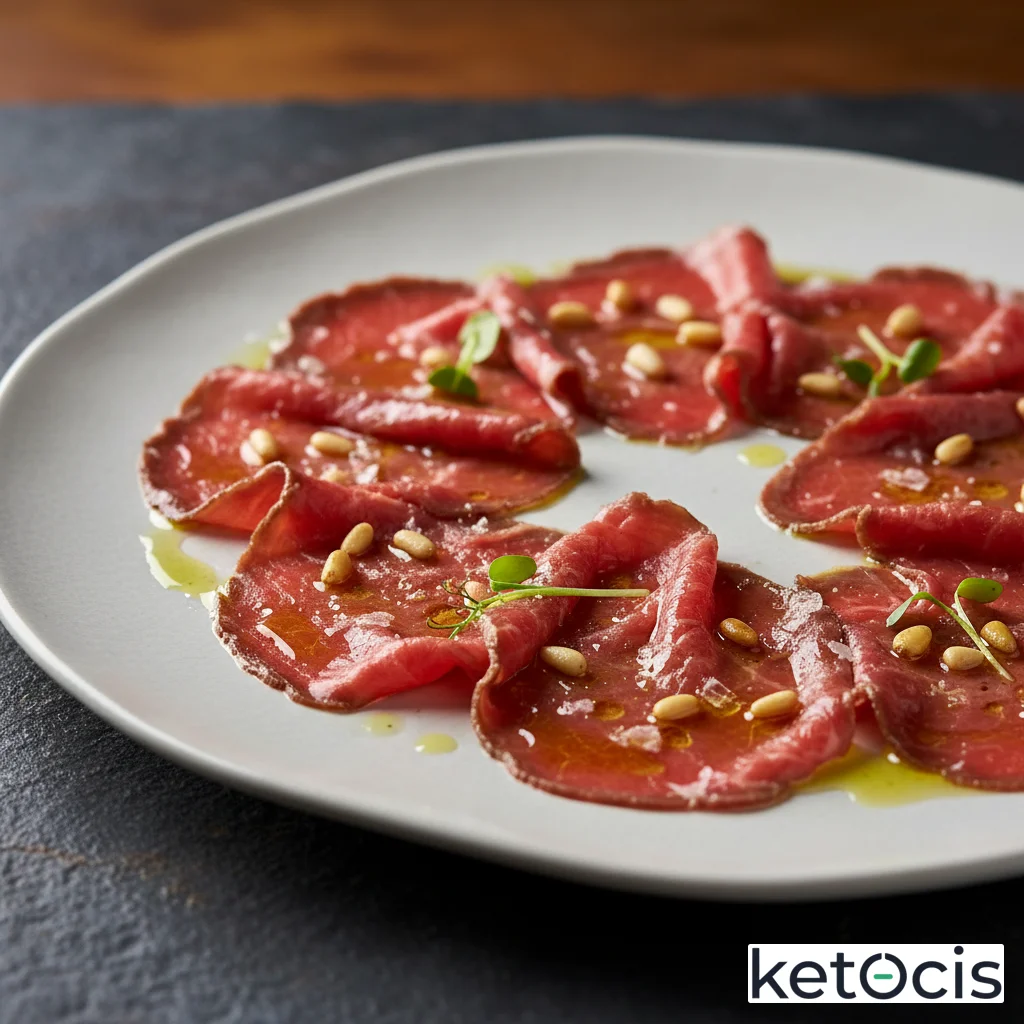 Carpaccio de buey cortado muy fino con aceite de oliva virgen y piñones