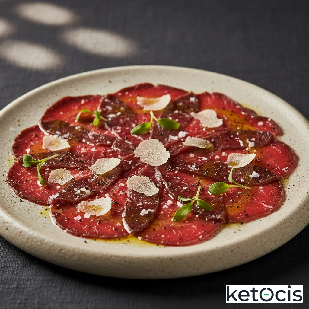 Carpaccio de lomo de ciervo salvaje aliñado con aceite de trufa blanca