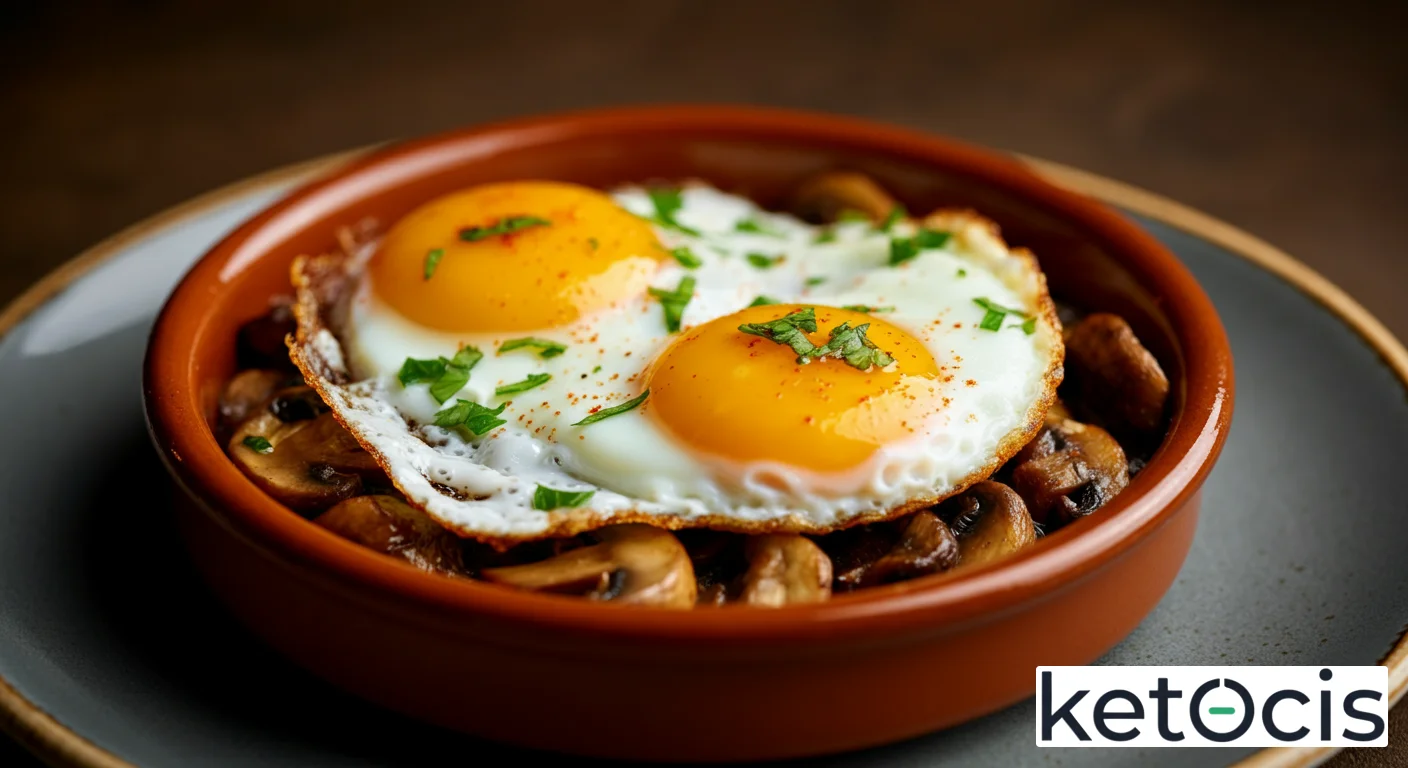 Cazuela de huevos estrellados con champiñones de parís al ajillo
