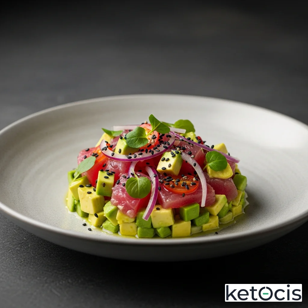 Ceviche de atún aleta amarilla con aguacate y sésamo negro