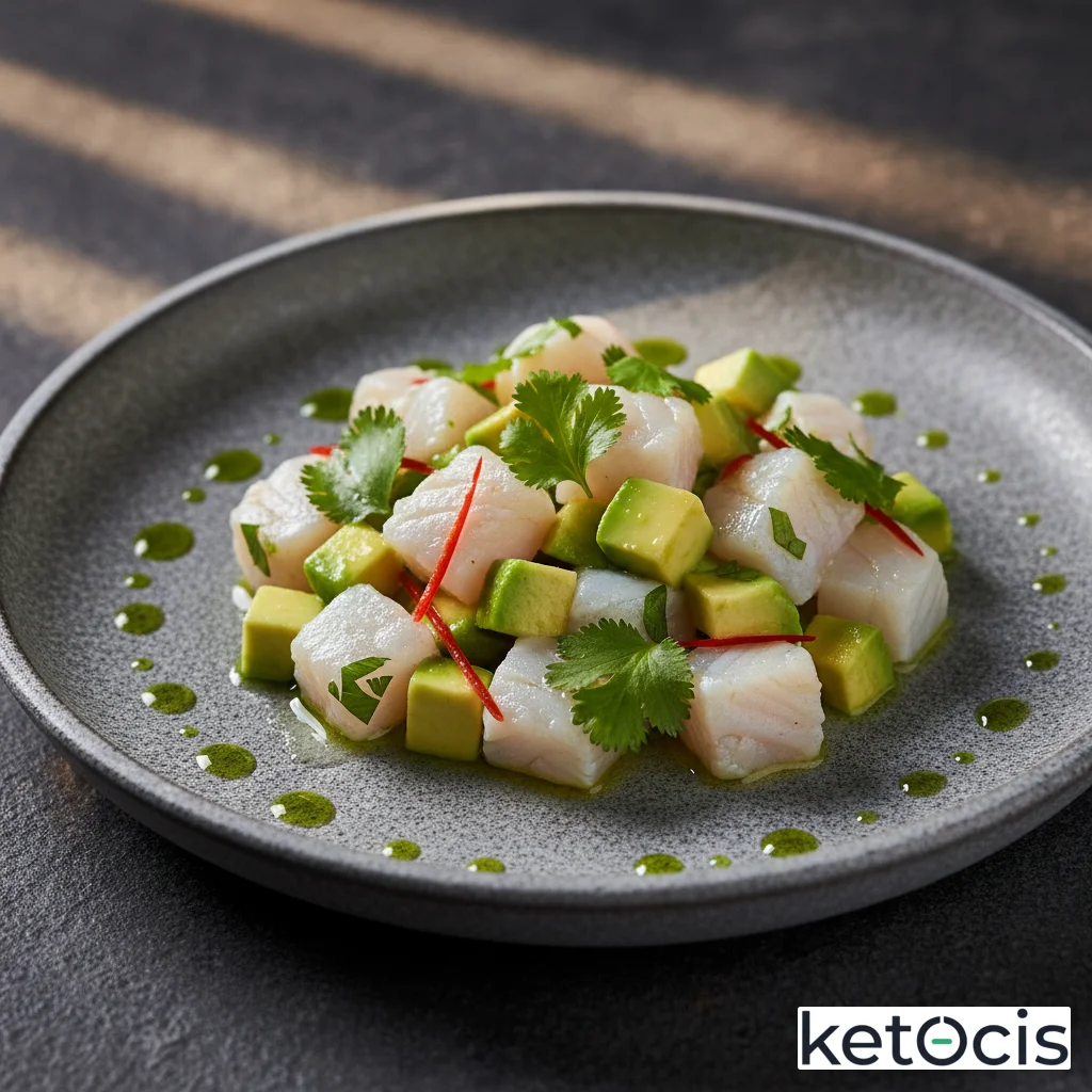 Ceviche de corvina elegante con dados de aguacate y cilantro fresco