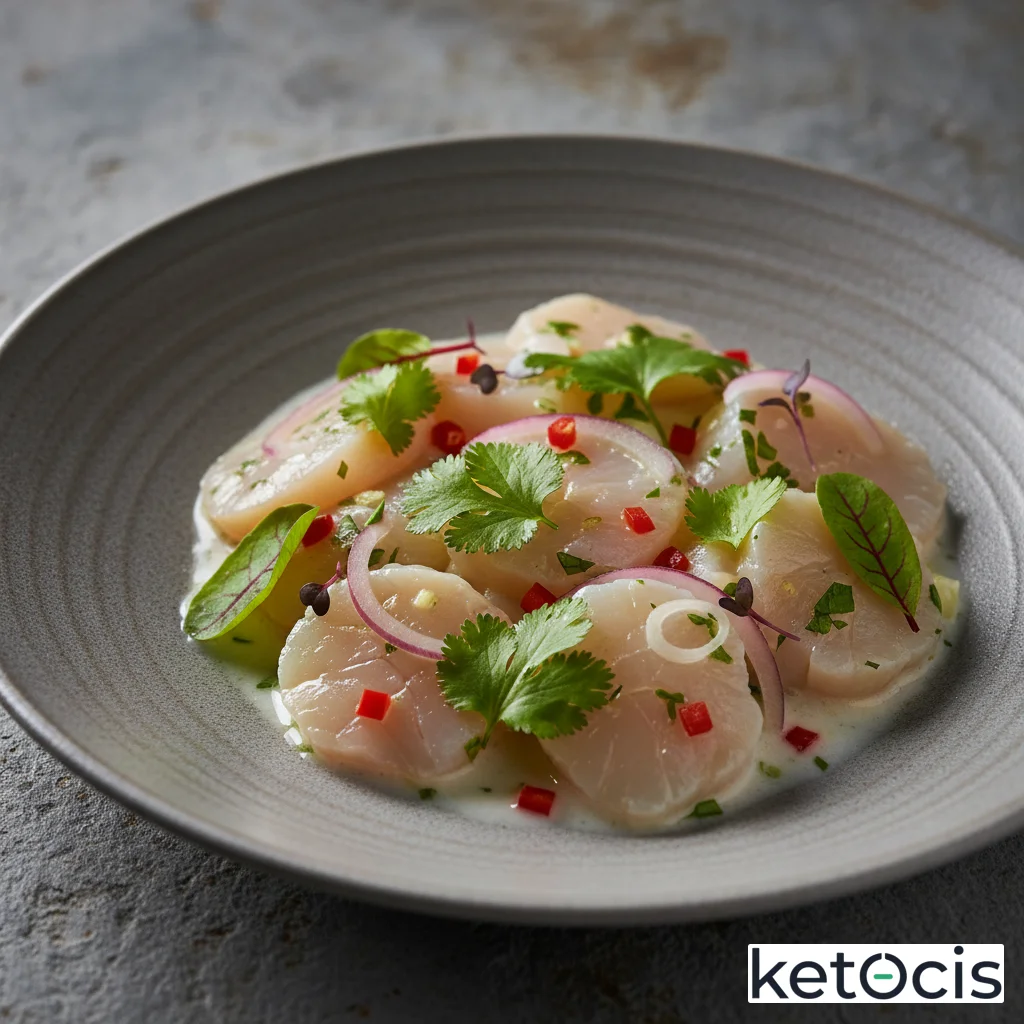 Ceviche de vieiras frescas con leche de tigre keto y cilantro picado
