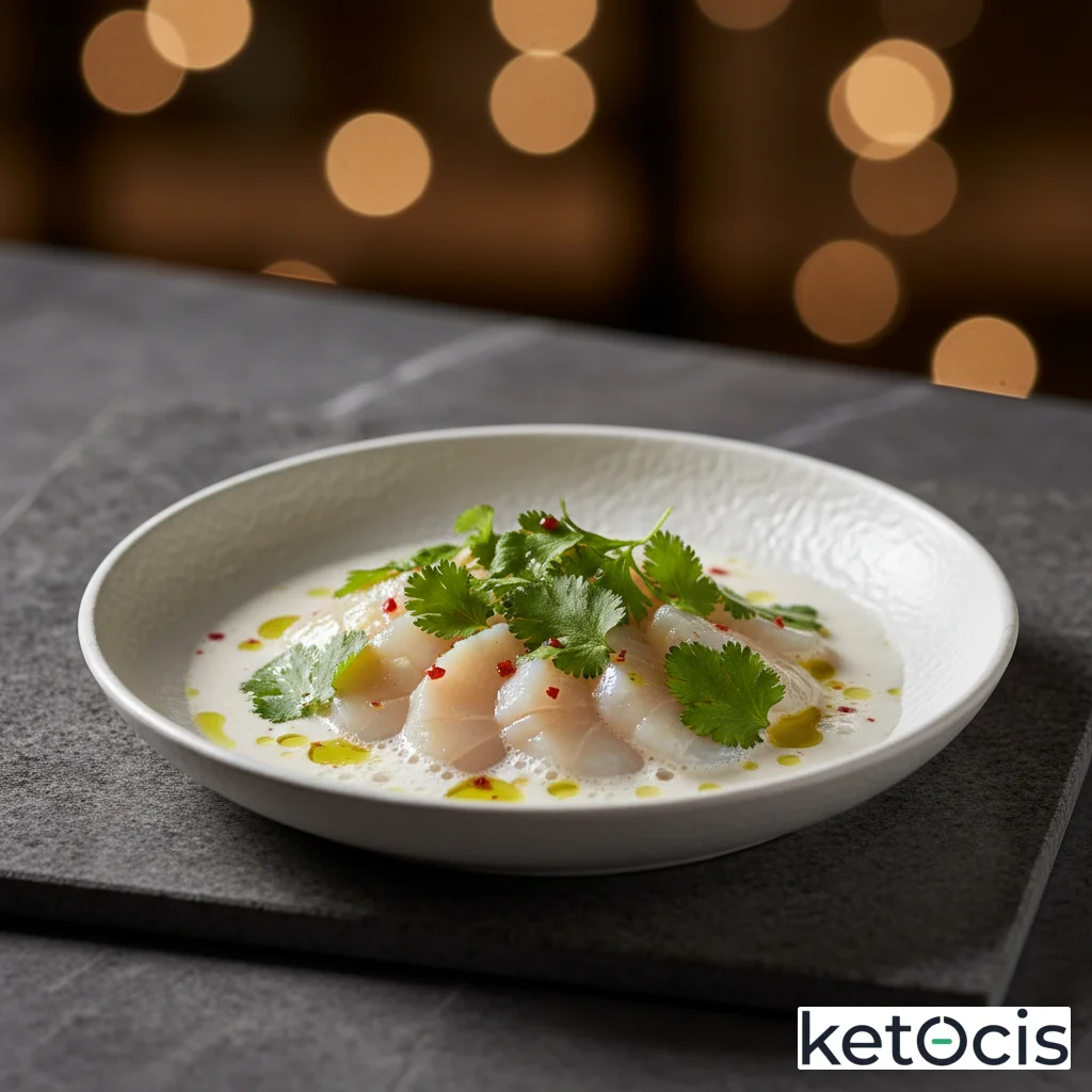 Ceviche de zamburiñas elegante con leche de tigre de coco y cilantro picado