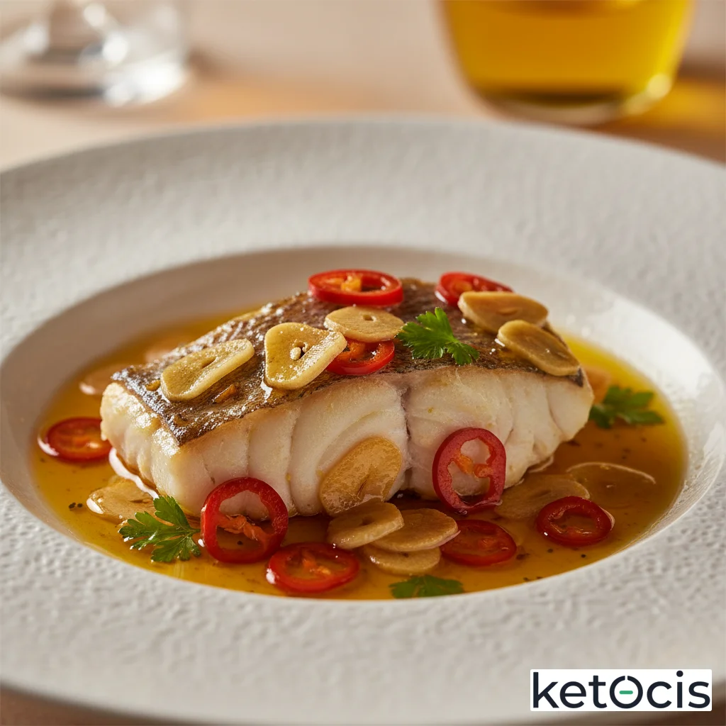 Corvina a la bilbaína con ajos dorados y guindilla picante roja