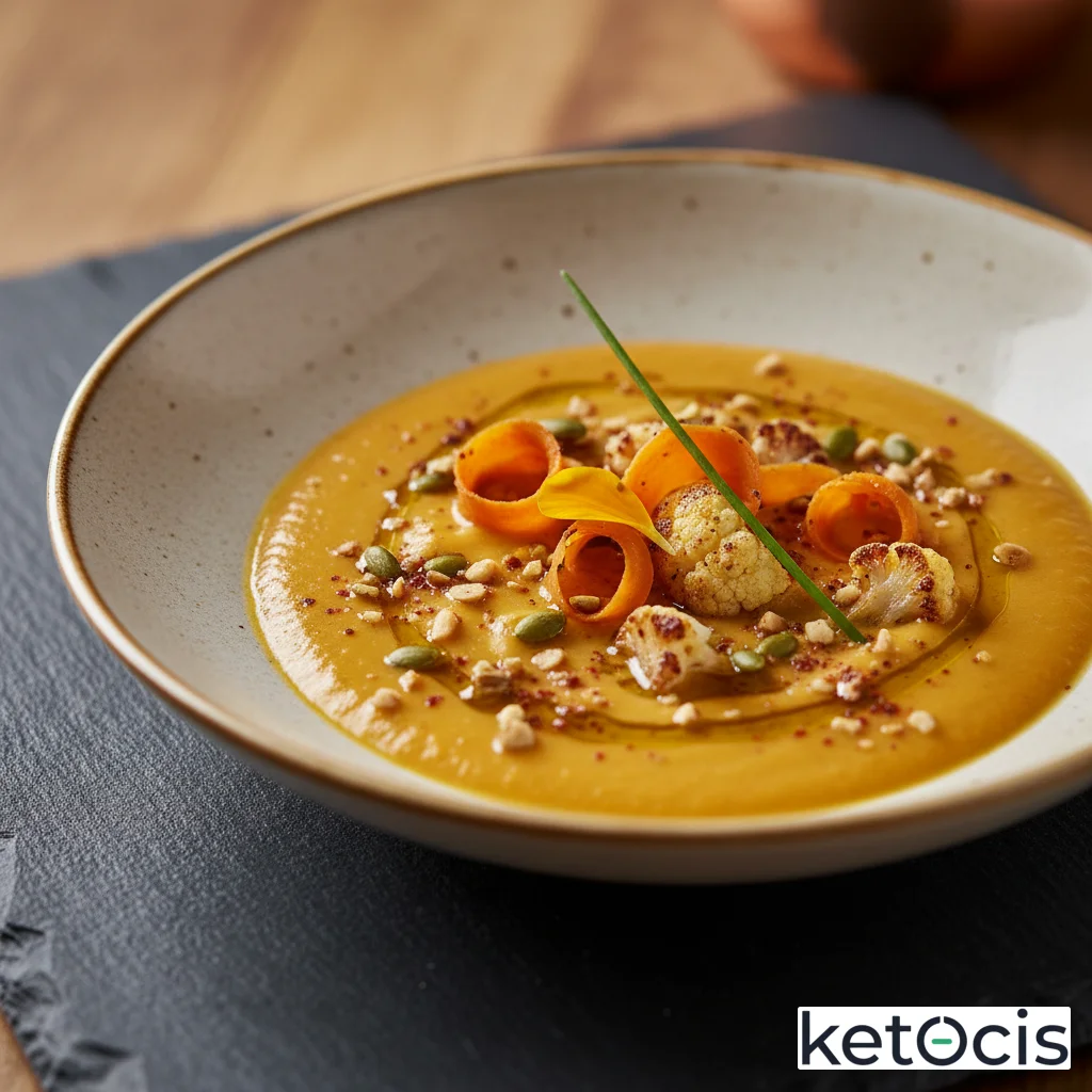 Crema de calabaza falsa hecha con coliflor y zanahoria baja en carbohidratos